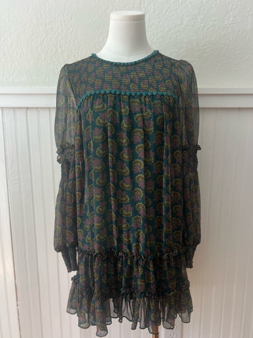 Prairie Boho Chic Anthropologie Allison‎ New York Green Tiered Short Dress Small